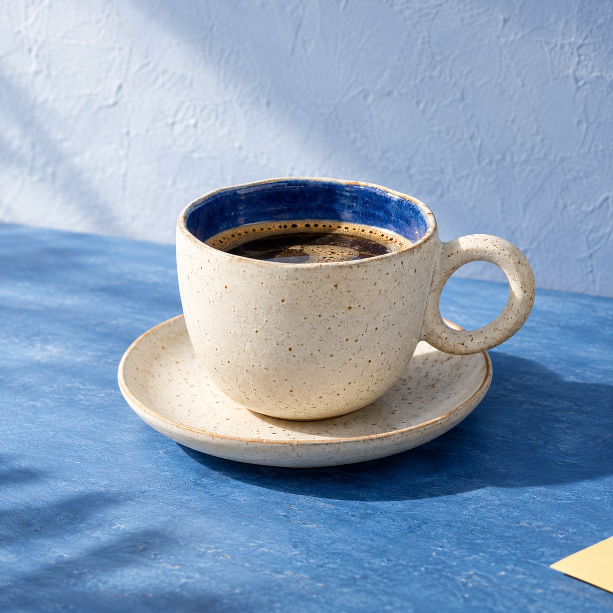 A finished speckled ceramic cup with a cobalt glaze inside, on its saucer