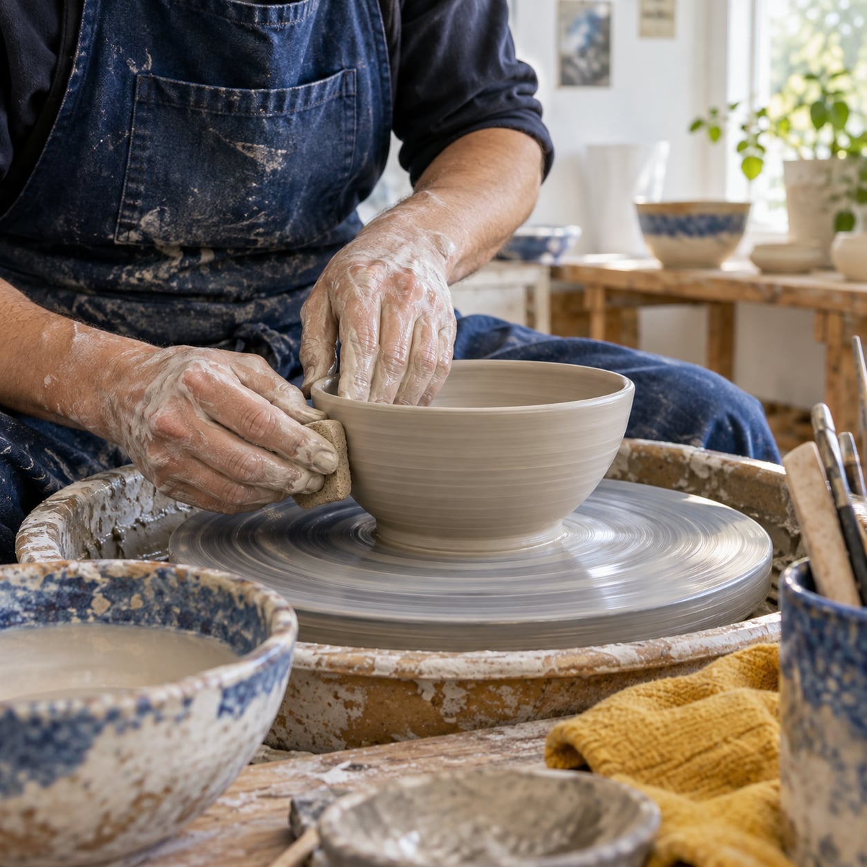 A potter's clay-covered hands shaping a bowl on the wheel