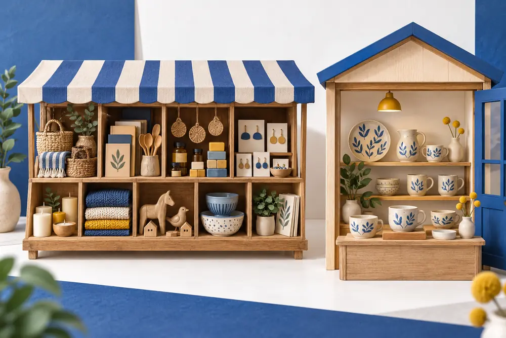 Illustration comparing a shared marketplace with an independent storefront