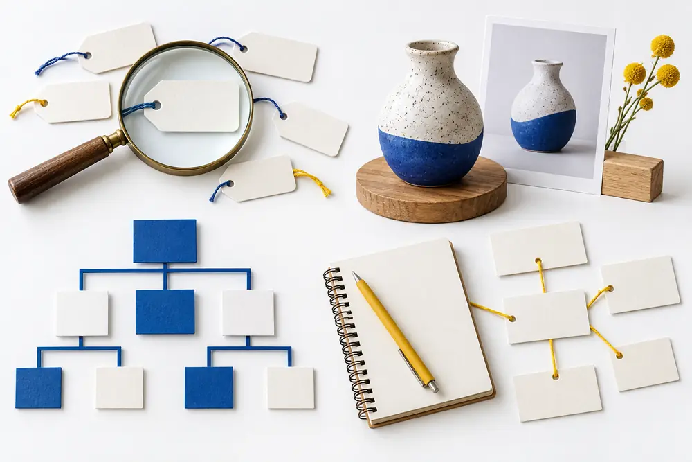 Illustration of keyword research, product pages, site structure, and content